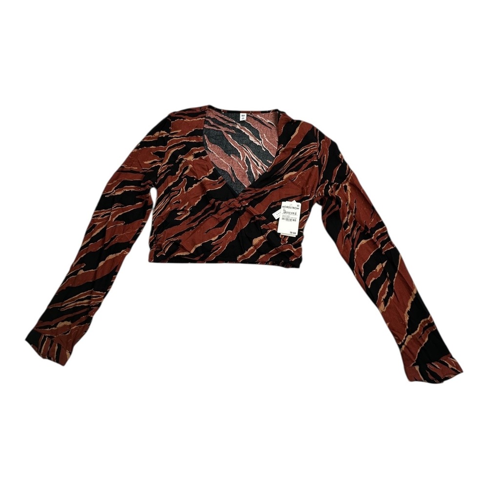 BP. Womens Brown Black Tiger Stripe Print V Neck‎ Long Sleeve Cropped Top Size S